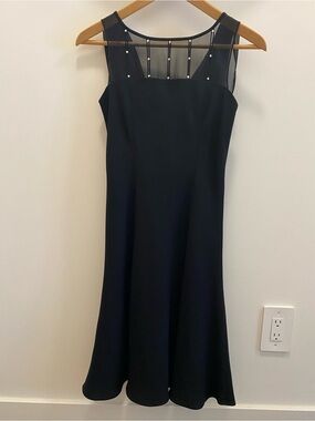 Evan Picone Black Midi Dress with Sheer Studded Yoke | Chic Y2K Elegant | 2P